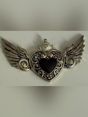 Wide Y2K Silver tone Winged Heart Pendant - Black Center for necklace